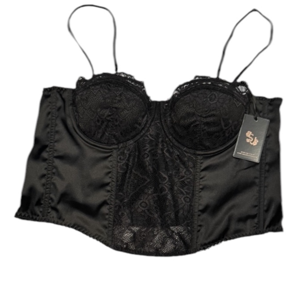 SINCERELY JULES Sexy Black Lace Satin Mesh Bustier Bra Corset NWT XL